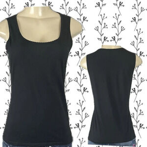 Talbots Petite S Black Scoop Neck Scalloped Trim Cotton Blend Tank Top